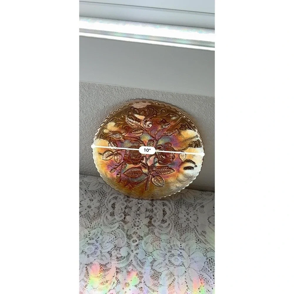Vintage Carnival Glass Marigold Rose Bowl Iridescent Floral Serving Bowl